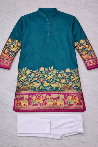 teal patola foil print dola silk kurta pajama set for men | festive & wedding wear