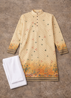 yellow rayon cotton zari weaving kurta pajama 5