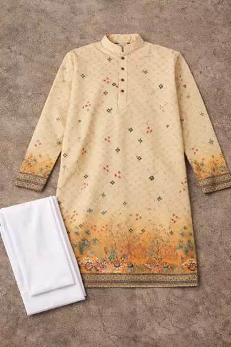 yellow rayon cotton zari weaving kurta pajama