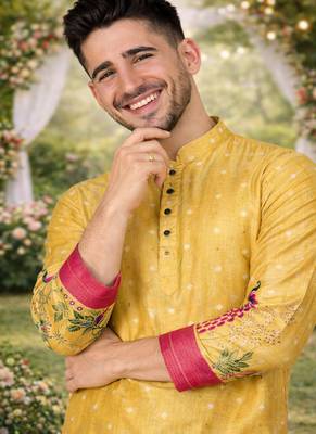 yellow dola silk foil print patola kurta pajama 1