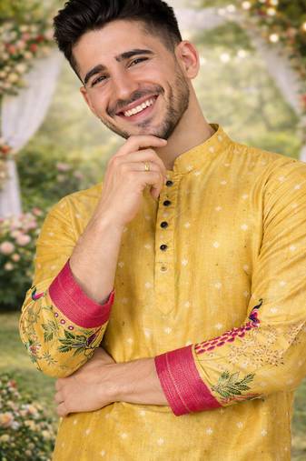 yellow dola silk foil print patola kurta pajama