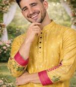 yellow dola silk foil print patola kurta pajama