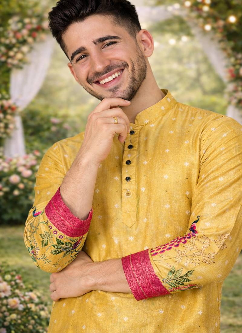 yellow dola silk foil print patola kurta pajama
