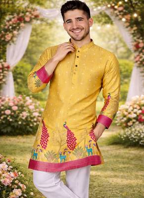 yellow dola silk foil print patola kurta pajama 2