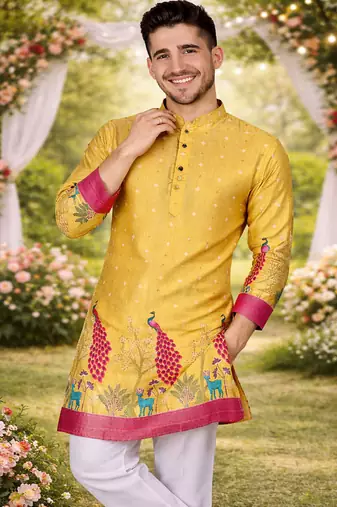 yellow dola silk foil print patola kurta pajama