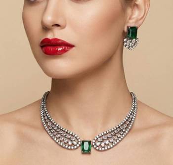 emerald green cz diamond necklace set for women | american diamond party wear jewelry 1