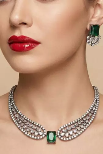 emerald green cz diamond necklace set for women | american diamond party wear jewelry