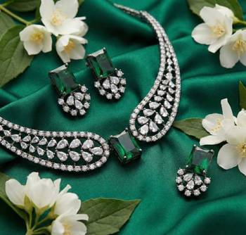 emerald green cz diamond necklace set for women | american diamond party wear jewelry 2