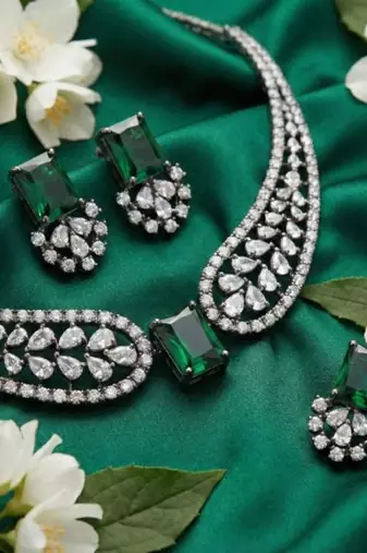 emerald green cz diamond necklace set for women | american diamond party wear jewelry