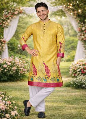 yellow dola silk foil print patola kurta pajama 3