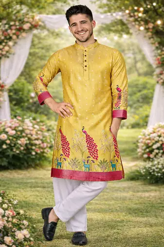 yellow dola silk foil print patola kurta pajama