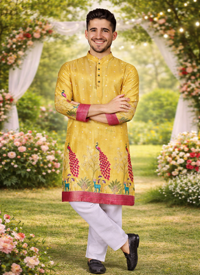 yellow dola silk foil print patola kurta pajama 4