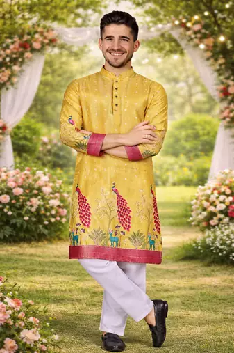 yellow dola silk foil print patola kurta pajama
