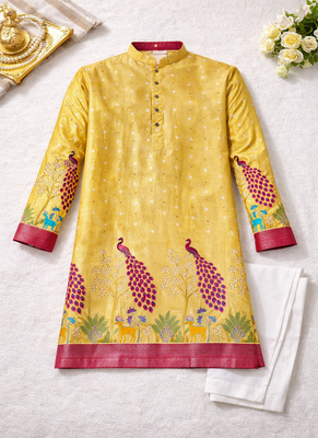 yellow dola silk foil print patola kurta pajama 5