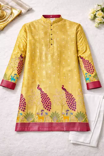 yellow dola silk foil print patola kurta pajama