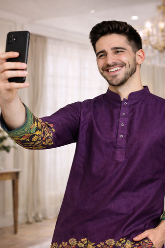 purple dola silk foil print patola kurta pajama