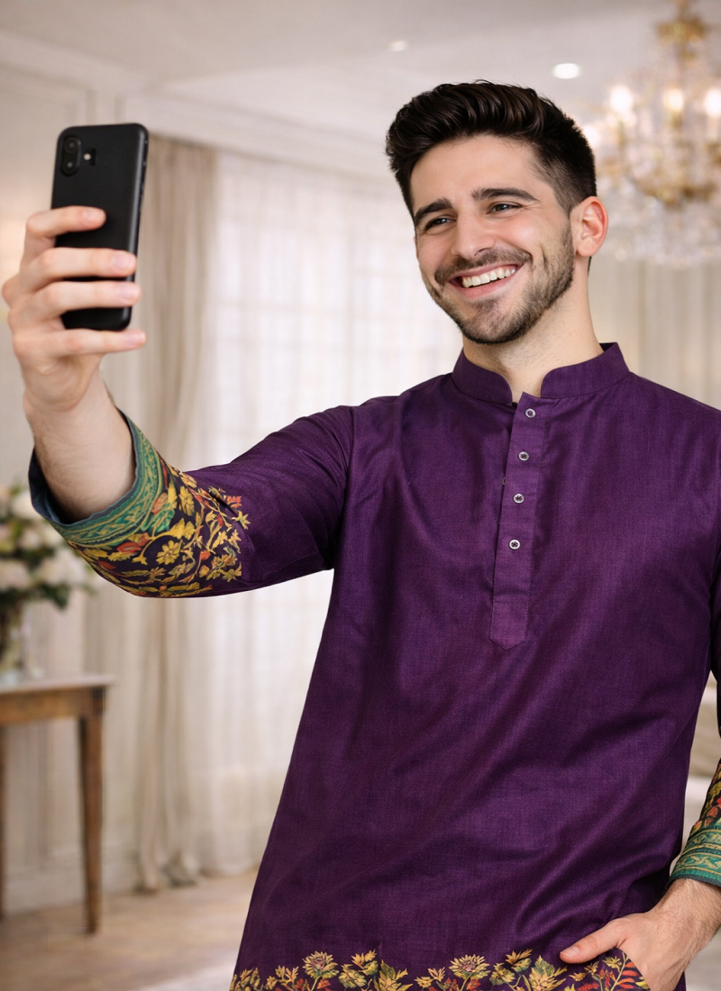 purple dola silk foil print patola kurta pajama