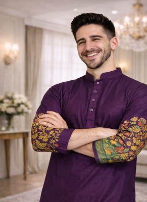 purple dola silk foil print patola kurta pajama 2
