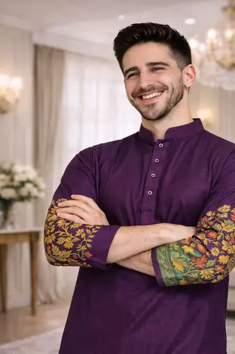 purple dola silk foil print patola kurta pajama