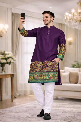 purple dola silk foil print patola kurta pajama