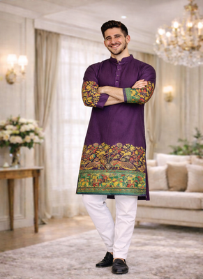purple dola silk foil print patola kurta pajama 4