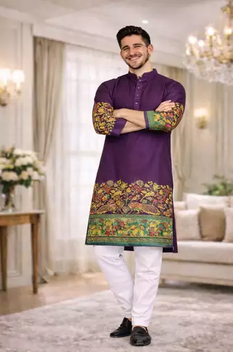 purple dola silk foil print patola kurta pajama