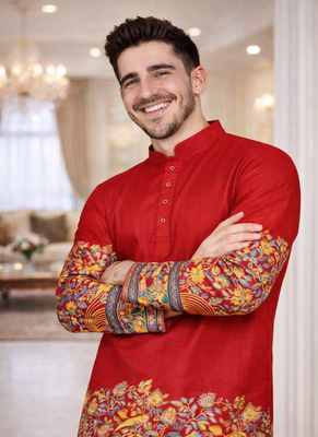 red color patola print dola silk kurta pajama set 2