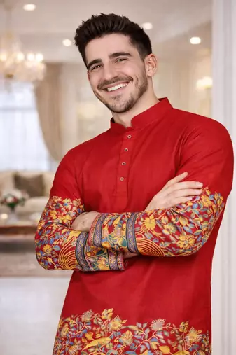 red color patola print dola silk kurta pajama set
