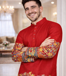 red color patola print dola silk kurta pajama set