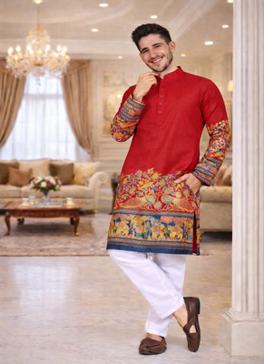 red color patola print dola silk kurta pajama set 3
