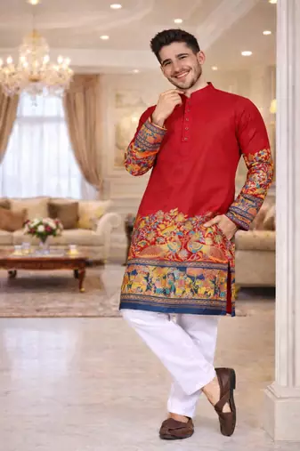 red color patola print dola silk kurta pajama set