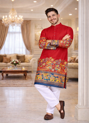 red color patola print dola silk kurta pajama set 1