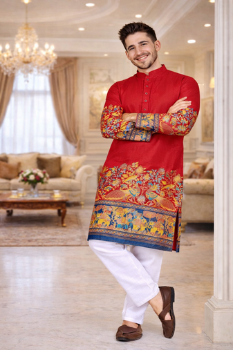 red color patola print dola silk kurta pajama set