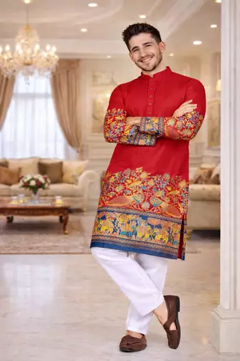 red color patola print dola silk kurta pajama set