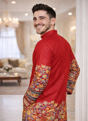 red color patola print dola silk kurta pajama set 4