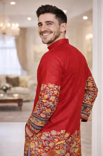 red color patola print dola silk kurta pajama set