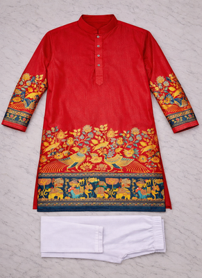 red color patola print dola silk kurta pajama set 5