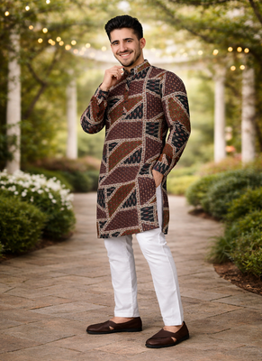 brown multicolor foil print cotton kurta pajama set 1
