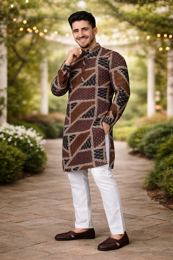 brown multicolor foil print cotton kurta pajama set