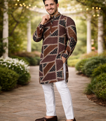 brown multicolor foil print cotton kurta pajama set