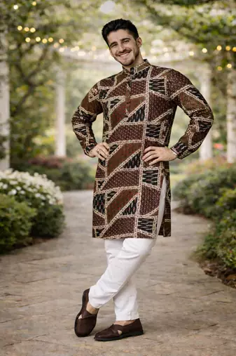 brown multicolor foil print cotton kurta pajama set