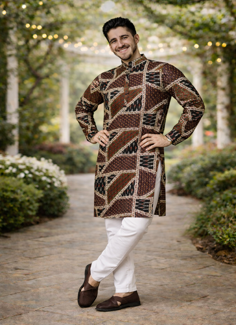 brown multicolor foil print cotton kurta pajama set