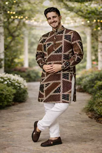 brown multicolor foil print cotton kurta pajama set