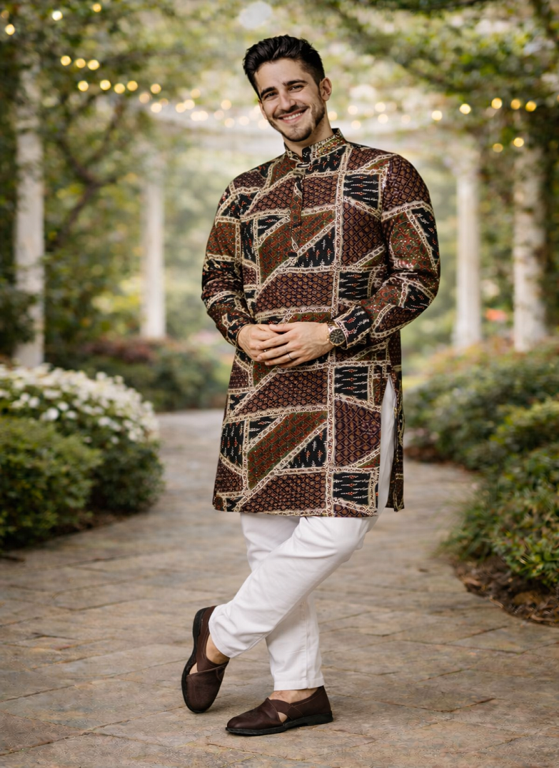 brown multicolor foil print cotton kurta pajama set