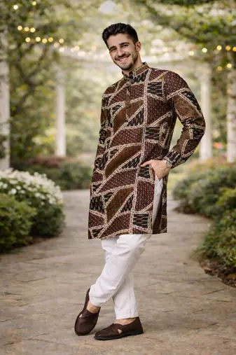 brown multicolor foil print cotton kurta pajama set