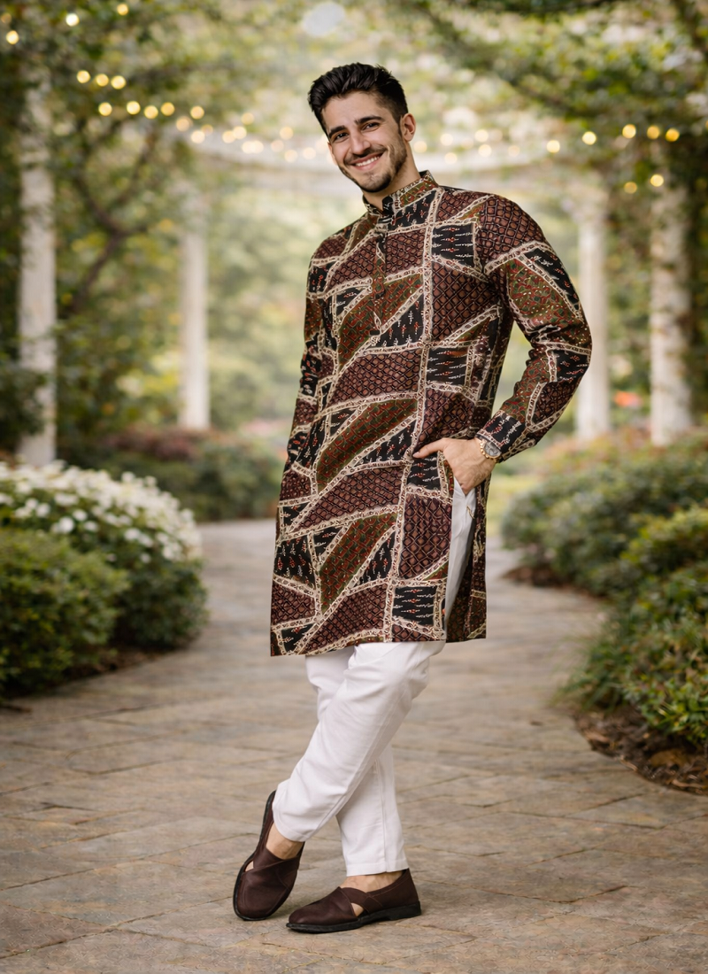 brown multicolor foil print cotton kurta pajama set