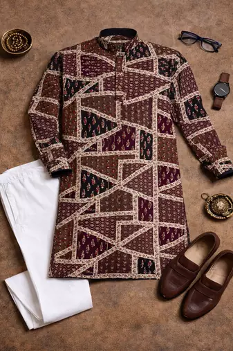 brown multicolor foil print cotton kurta pajama set
