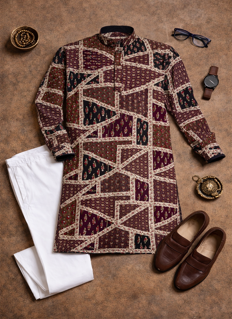 brown multicolor foil print cotton kurta pajama set