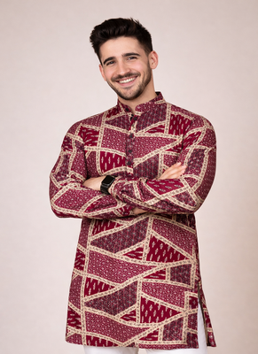maroon color cotton kurta pajama set with multicolor foil print work 1