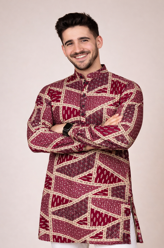 maroon color cotton kurta pajama set with multicolor foil print work